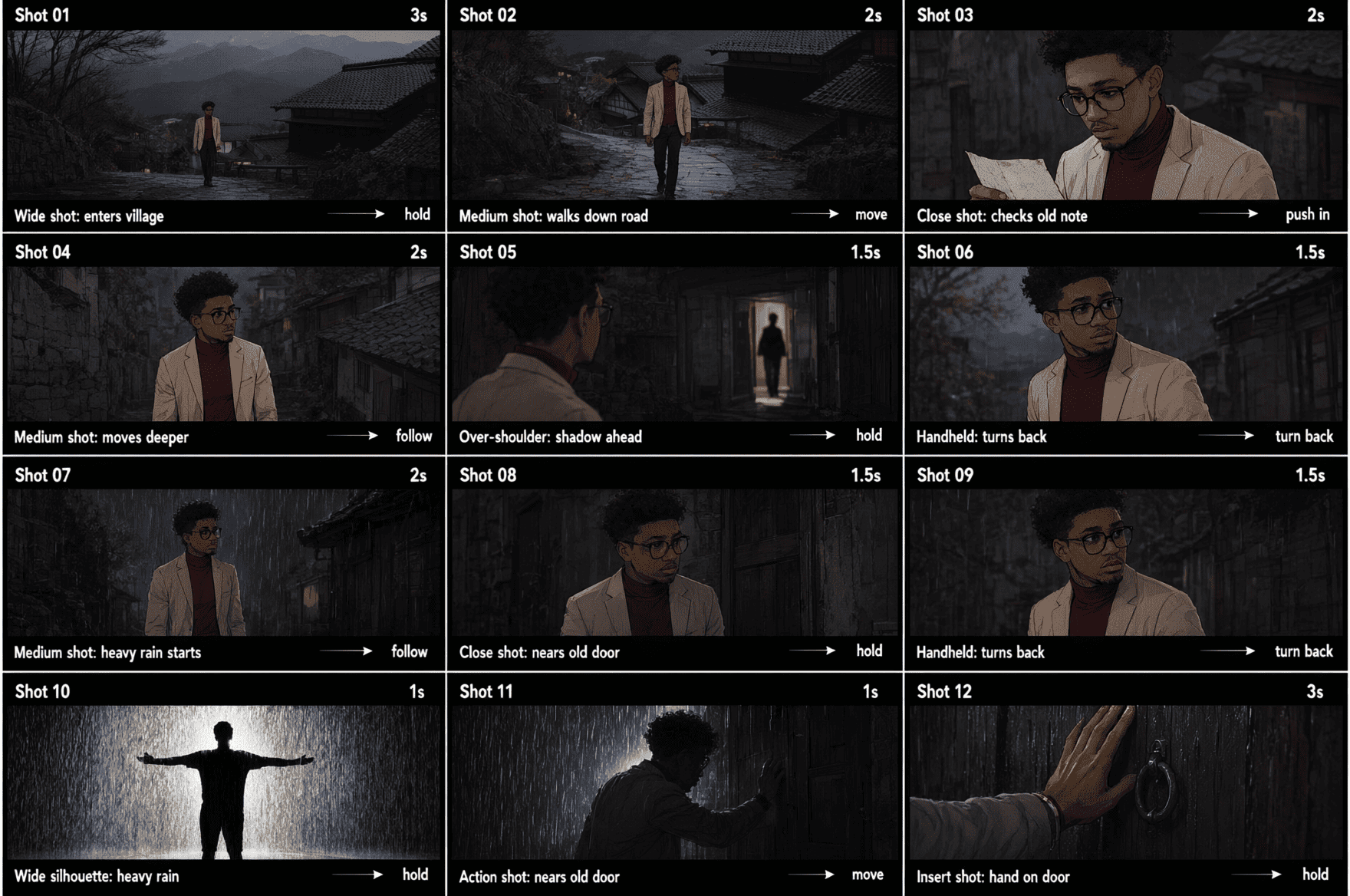Nine-panel cinematic storyboard showing a man in a dark dramatic setting