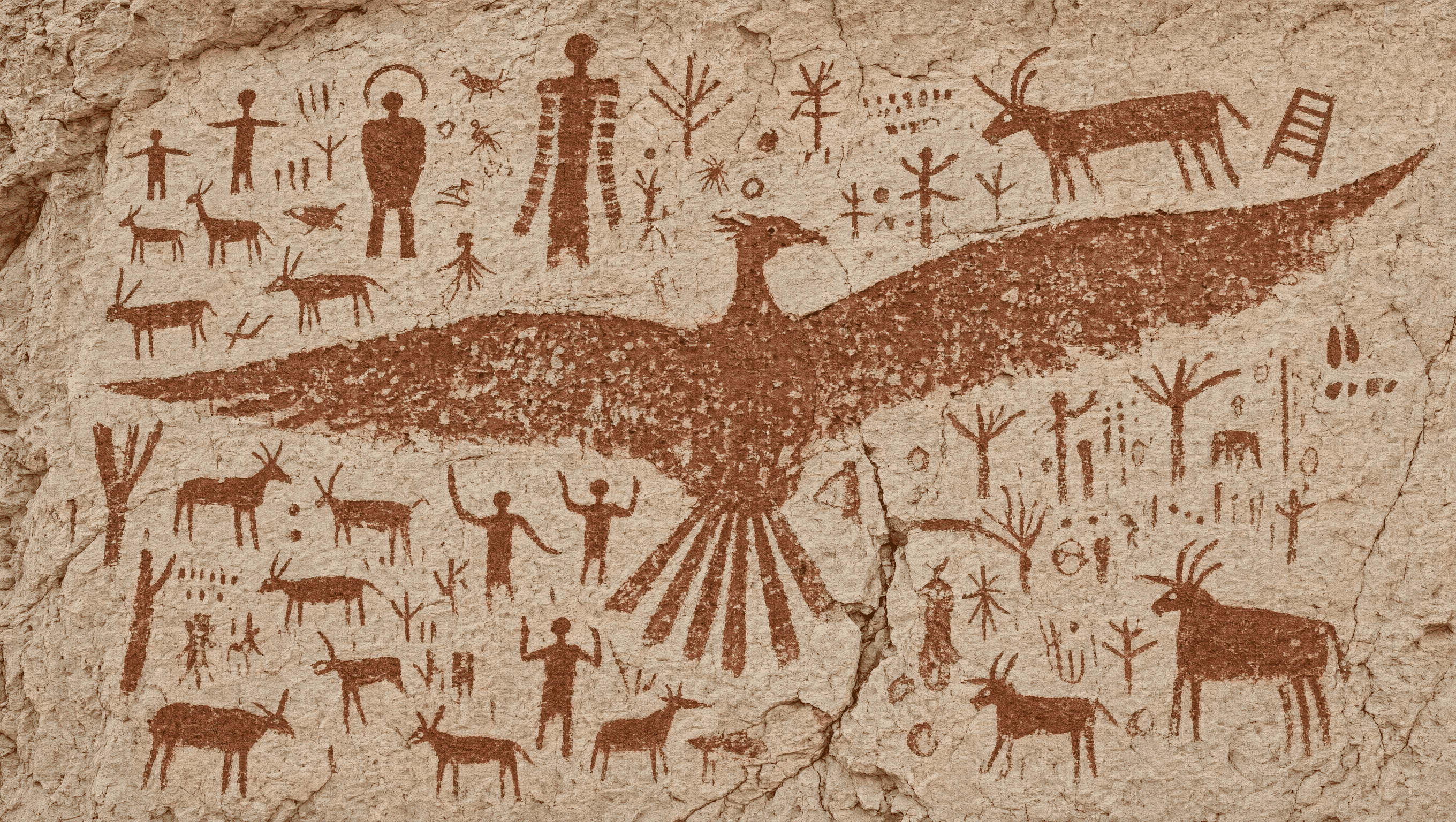 Prehistoric cave painting with hunters, animals, and a large bird figure