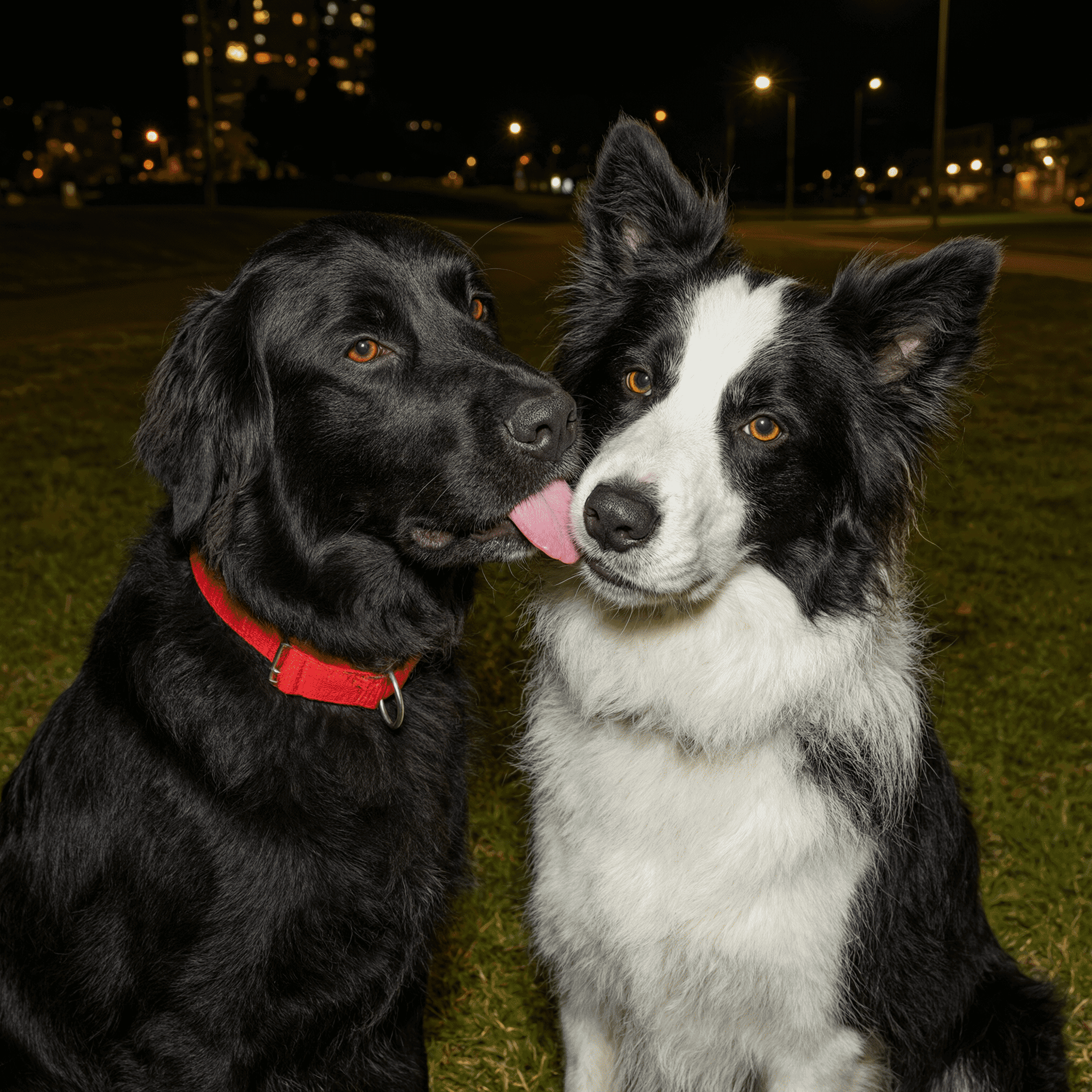 Portrait of two black and white dogs outdoors at night