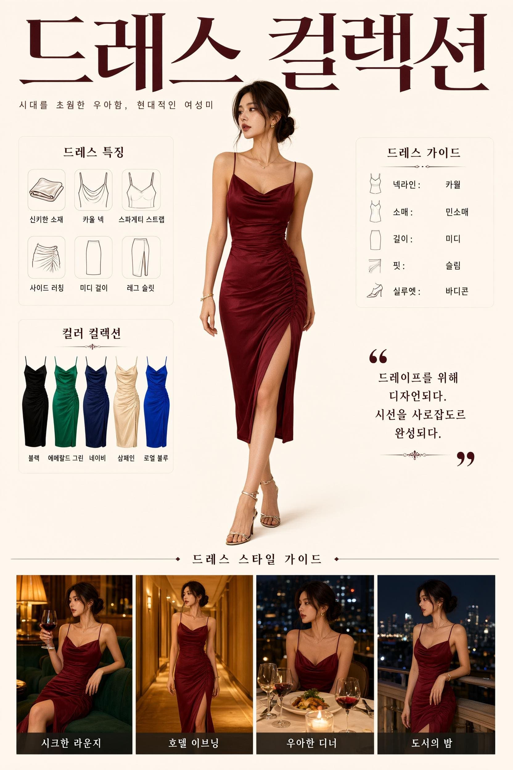 Korean fashion collection infographic featuring a woman in a red dress