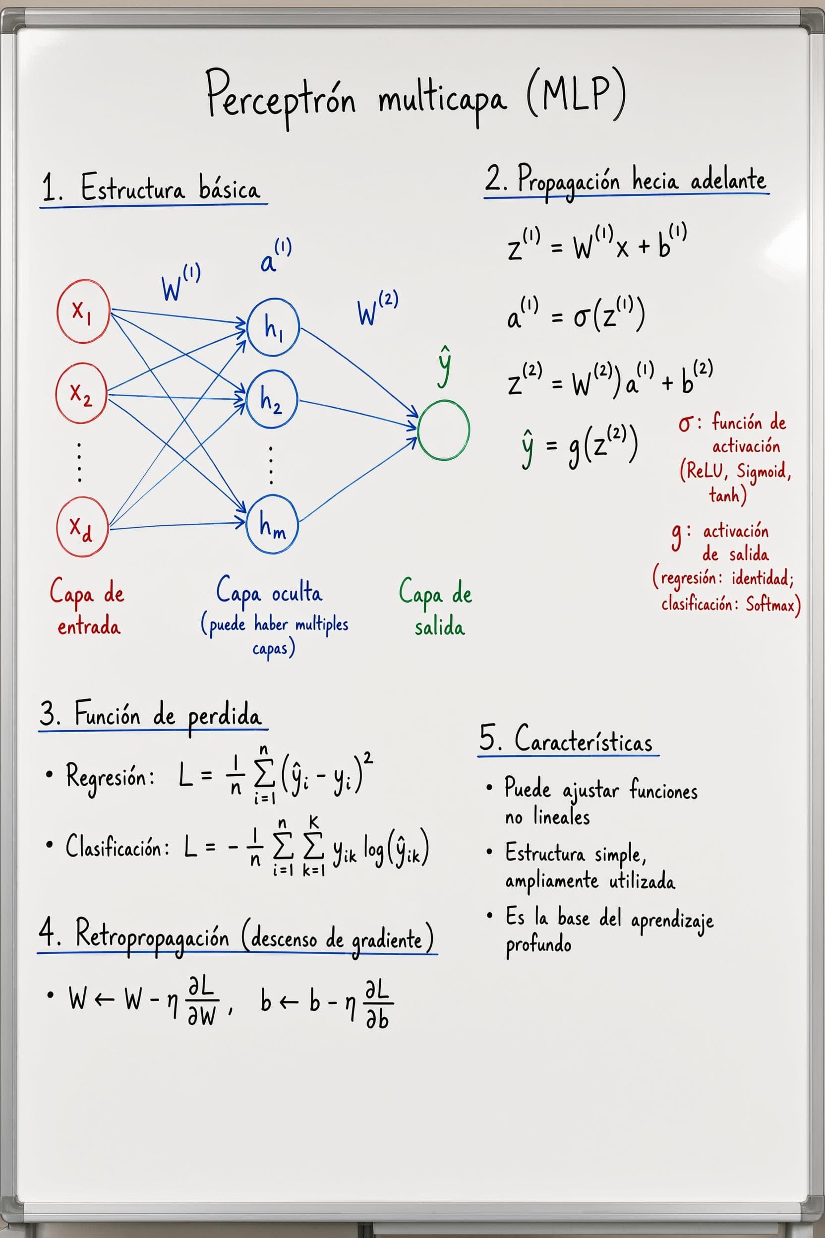Handwritten study notes explaining a multilayer perceptron neural network